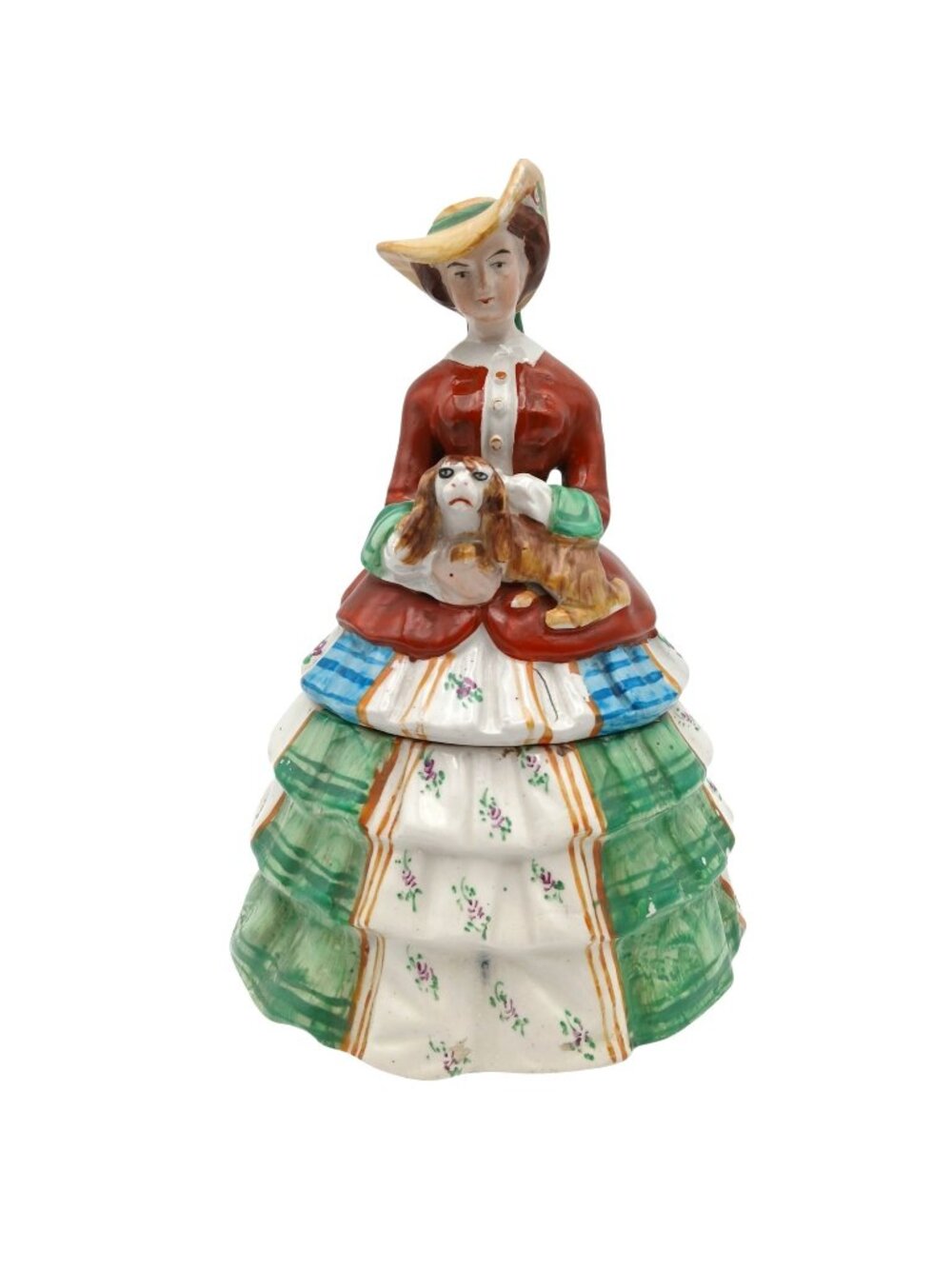 Antique Staffordshire Victorian Lady w Dog Biscuit Jar Figural Ceramic c.1865